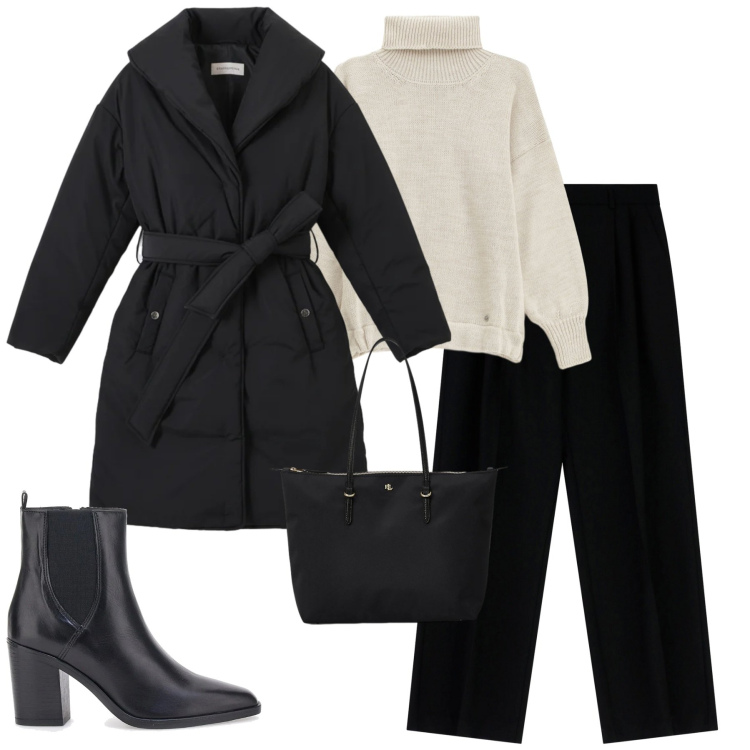 Outfit donna - City. Stile Urban per Tutti i giorni. Abbinamento con maglieria, pantaloni a palazzo, borse tote, piumini, stivaletti.