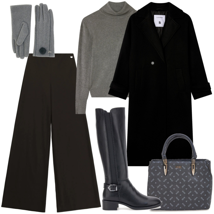 Outfit donna - Passeggiata in città stivali al ginocchi. Stile Casual chic per Tutti i giorni. Abbinamento con cappotti, maglieria, pantaloni a palazzo, borse a mano, stivali sopra il ginocchio, guanti.
