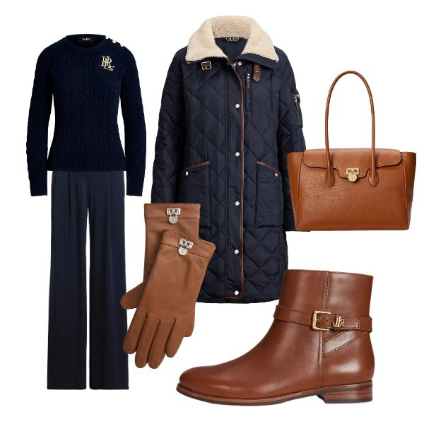 Outfit donna - una giornata fredda. Stile Casual chic per Ufficio. Abbinamento con maglieria, borse a mano, pantaloni, stivaletti, guanti, piumini.