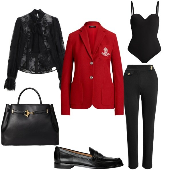 Outfit donna - Elegante ma grintosa. Stile Sexy per Serata fuori. Abbinamento con camicie, pantaloni, mocassini, borse a mano, blazer, body.