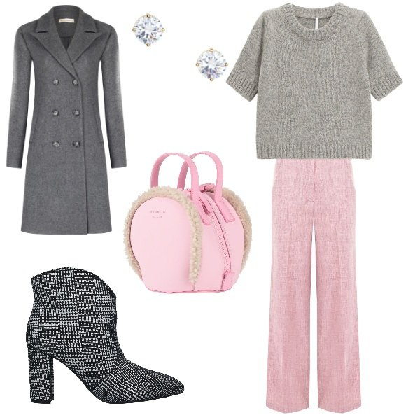 Outfit donna - Rosa e grigio. Stile Chic per Ufficio. Abbinamento con stivaletti, zaini, maglieria, orecchini, cappotti, pantaloni.