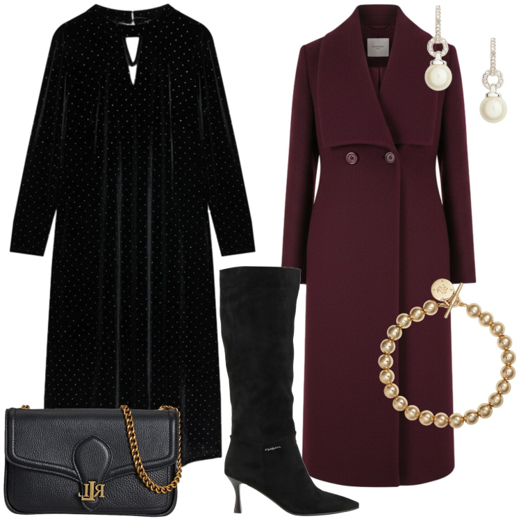 Outfit donna - Serata elegante in lana e velluto-curvy. Stile Chic per Serata fuori. Abbinamento con stivali, braccialetti, orecchini, clutch, cappotti, vestiti midi/longuette.
