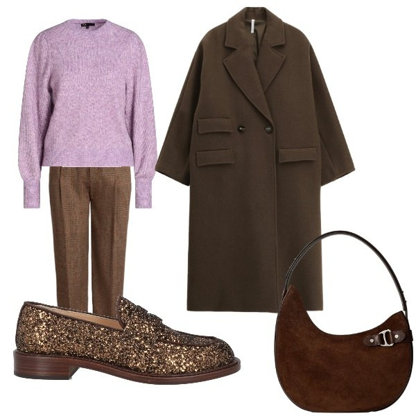 Outfit donna - le scarpe glitter. Stile Casual chic per Ufficio. Abbinamento con pullovers, mocassini, cappotti, borse a spalla, pantaloni.