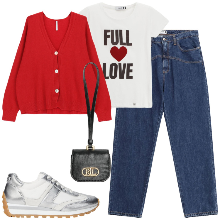 Outfit donna - Total look #2321853. Stile Casual per Tutti i giorni. Abbinamento con jeans, t-shirt, cardigans, pochette, sneakers.