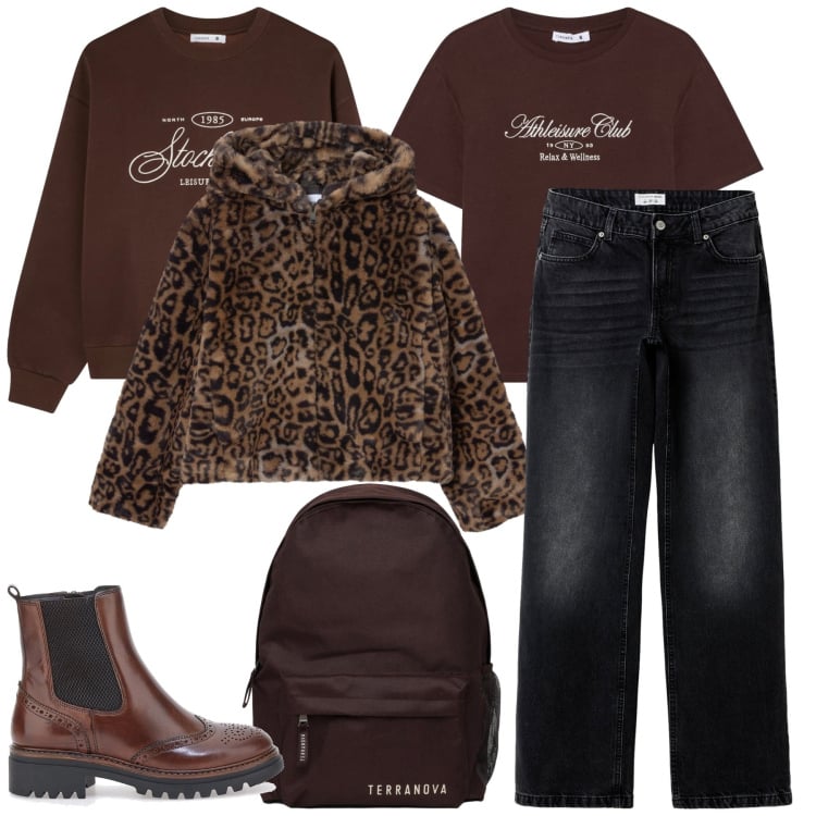 Outfit donna - Terranova - Saldi FW25. Stile Casual chic per Tutti i giorni. Abbinamento con jeans, ecopellicce, t-shirt, felpe, zaini, stivaletti chelsea.