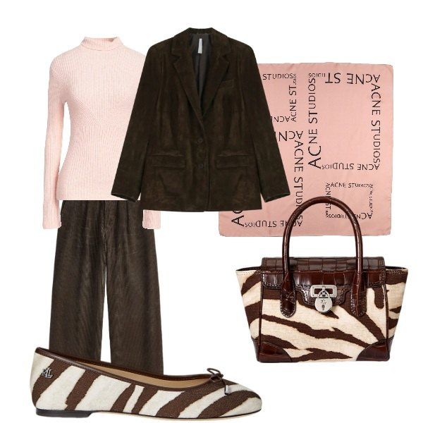 Outfit donna - accessori. Stile Casual chic per Ufficio. Abbinamento con maglieria, sciarpe, blazer, ballerine, borse a mano, pantaloni.