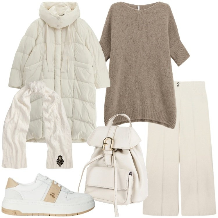 Outfit donna - Minimal Cozy Mood. Stile Minimal per Tutti i giorni. Abbinamento con zaini, piumini, maglieria, sneakers, sciarpe, pantaloni chino.