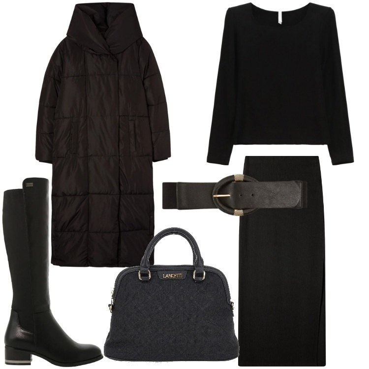 Outfit donna - Il fascino del total look. Stile Minimal per Tutti i giorni. Abbinamento con gonne lunghe, cappotti, cinture, maglieria, stivali sopra il ginocchio, borse a spalla.