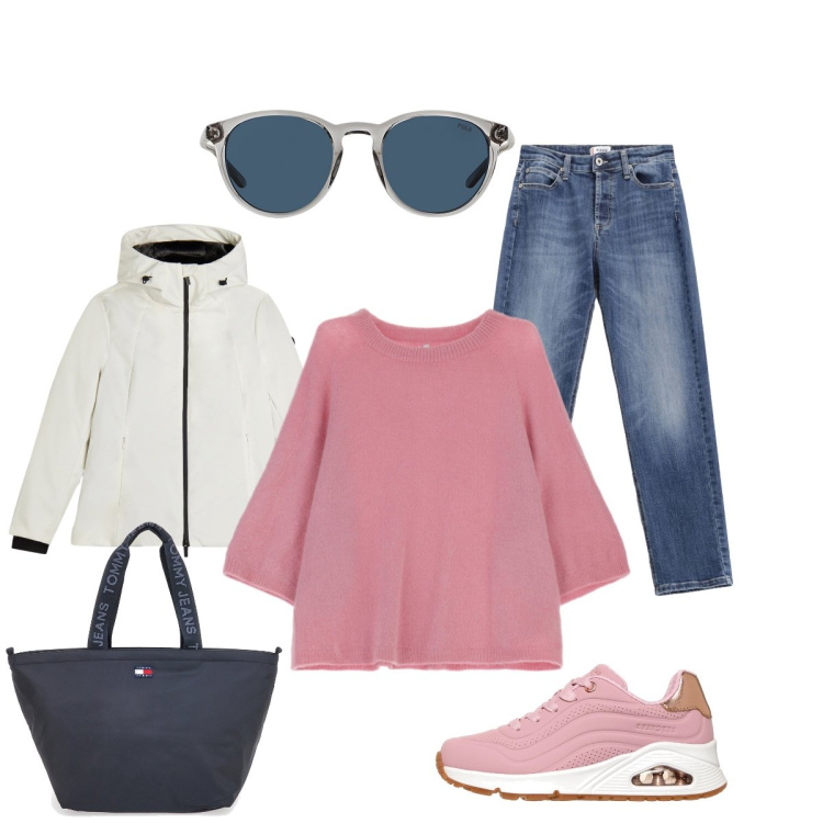 Outfit donna - Una nota rosa. Stile Casual chic per Tutti i giorni. Abbinamento con jeans, maglieria, bomber, occhiali da sole, sneakers alte, borse tote.