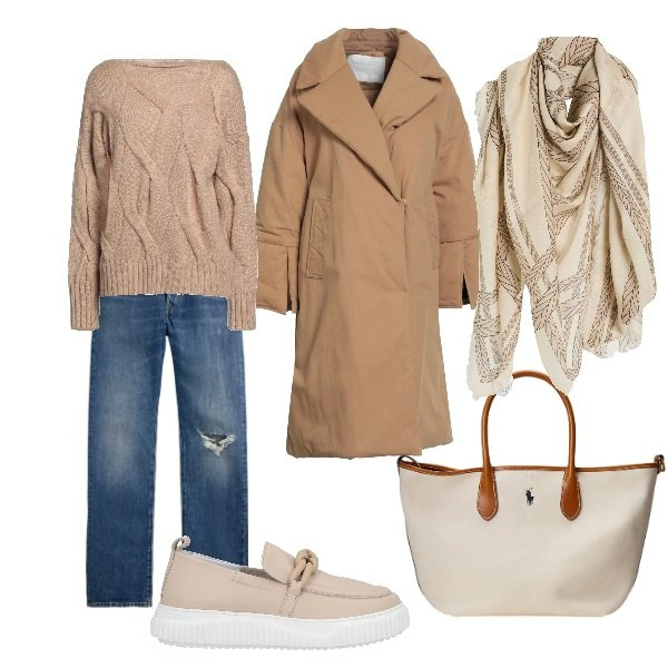 Outfit donna - il foulard. Stile Sporty chic per Tutti i giorni. Abbinamento con mocassini, sciarpe, pullovers, cappotti, jeans dritti, borse tote.