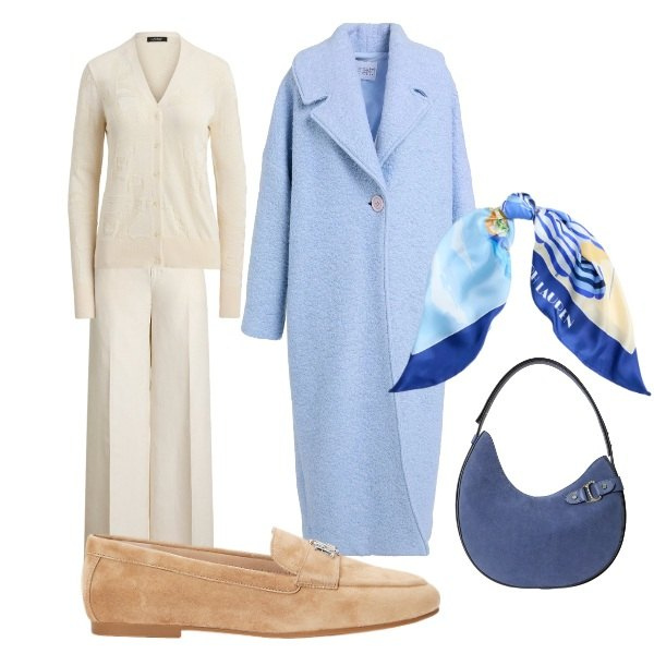 Outfit donna - celestiale. Stile Casual chic per Ufficio. Abbinamento con cappotti, mocassini, cardigans, borse a spalla, foulard, pantaloni.