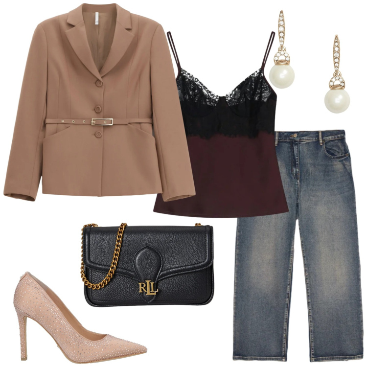 Outfit donna - Total look #2321891. Stile Chic per Serata fuori. Abbinamento con décolleté, canottiere, blazer, orecchini, clutch, jeans.