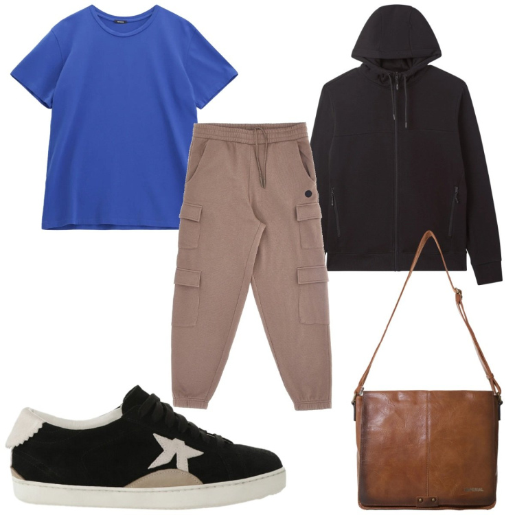 Outfit uomo - Total look #2321895. Stile Trendy per Tutti i giorni. Abbinamento con felpe con cappuccio, t-shirt, sneakers, borse sportive, pantaloni cargo.