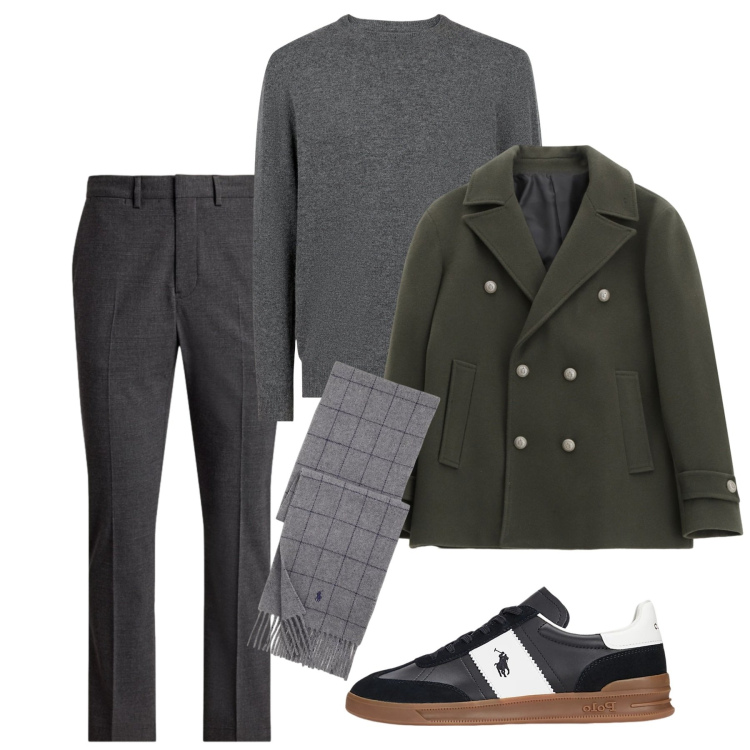 Outfit uomo - Gennaio in grigio. Stile Casual per Tutti i giorni. Abbinamento con cappotti, sneakers, sciarpe, pantaloni, maglieria.