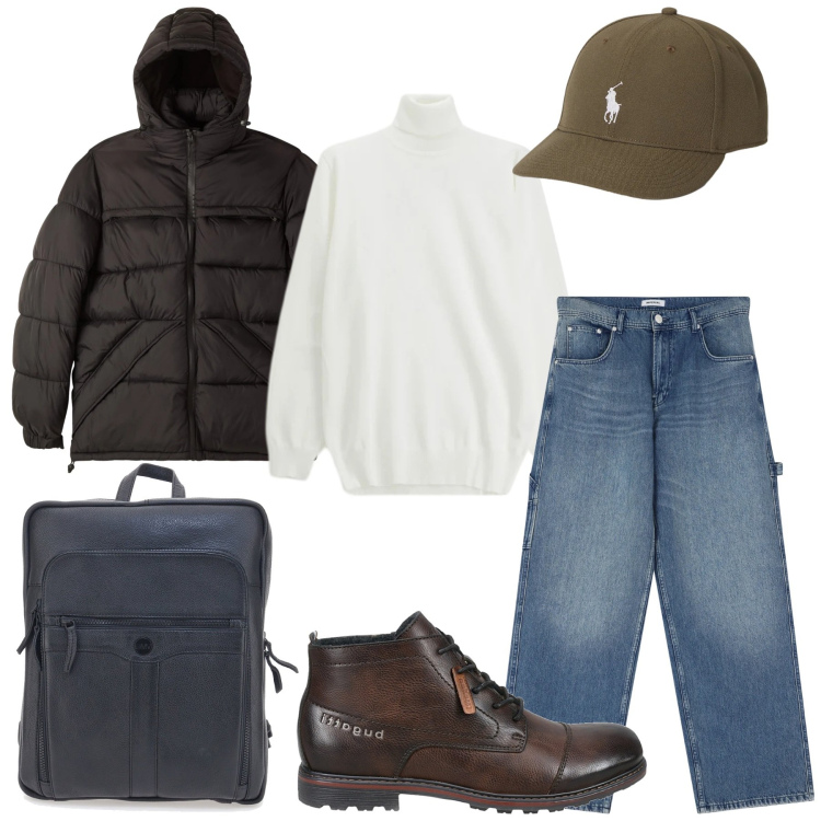 Outfit uomo - Nel week end. Stile Casual per Tutti i giorni. Abbinamento con bomber, jeans, maglieria, cappelli, borse sportive, stivali e stivaletti.