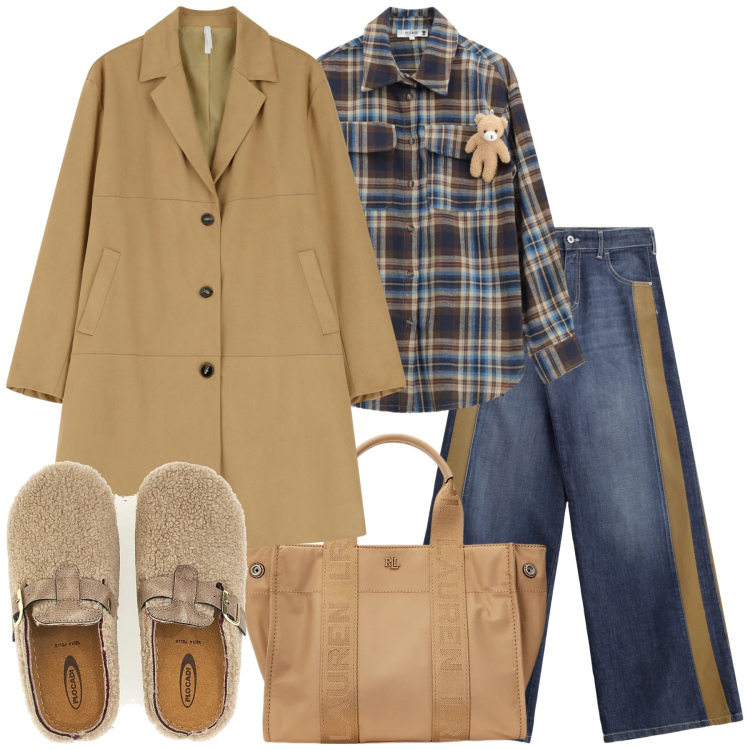 Outfit donna - Il pomeriggio. Stile Sporty chic per Tutti i giorni. Abbinamento con camicie, jeans a zampa, cappotti, borse tote, pantofole.