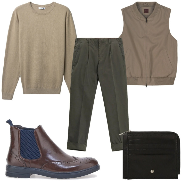 Outfit uomo - Total look #2321903. Stile Casual per Ufficio. Abbinamento con maglieria, pantaloni chino, portafogli, stivali e stivaletti, piumini.