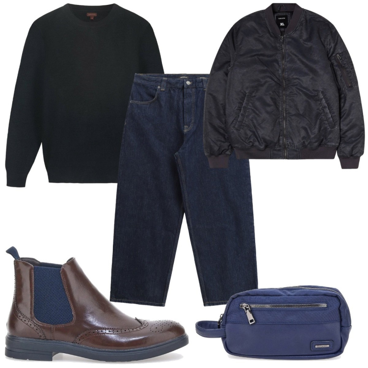Outfit uomo - Total look #2321904. Stile Casual per Tutti i giorni. Abbinamento con bomber, jeans, maglieria, stivali e stivaletti, borse sportive.