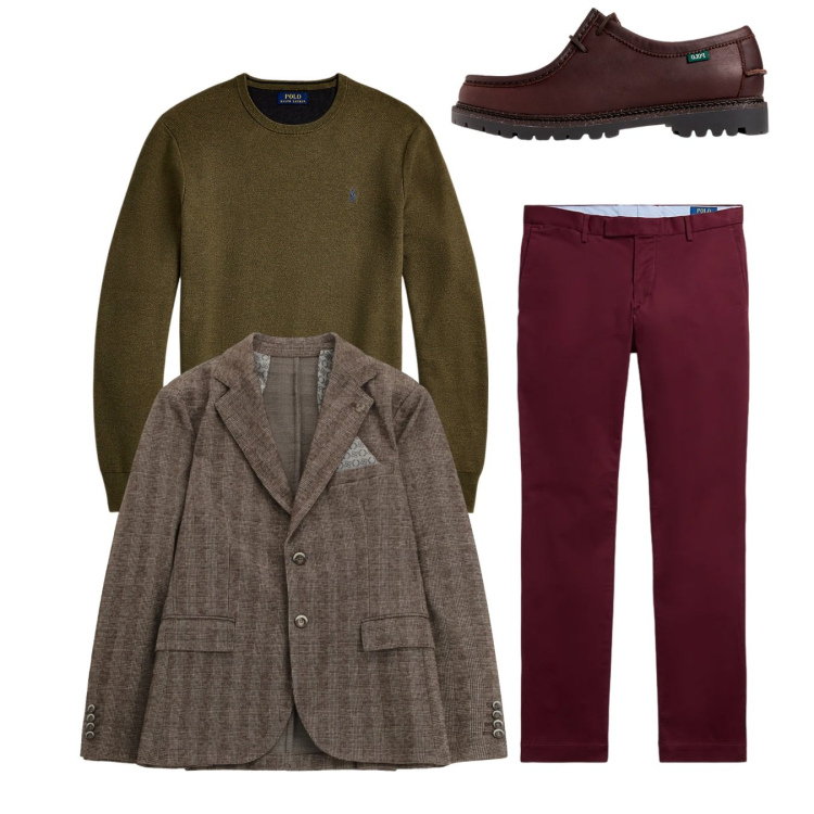 Outfit uomo - Total look. Stile Casual per Tutti i giorni. Abbinamento con giacche, maglieria, scarpe stringate, pantaloni.