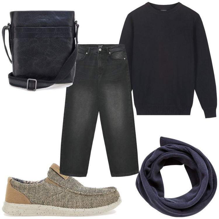 Outfit uomo - Total look #2321913. Stile Casual per Tutti i giorni. Abbinamento con sciarpe, jeans dritti, scarpe stringate, maglieria, borse sportive.