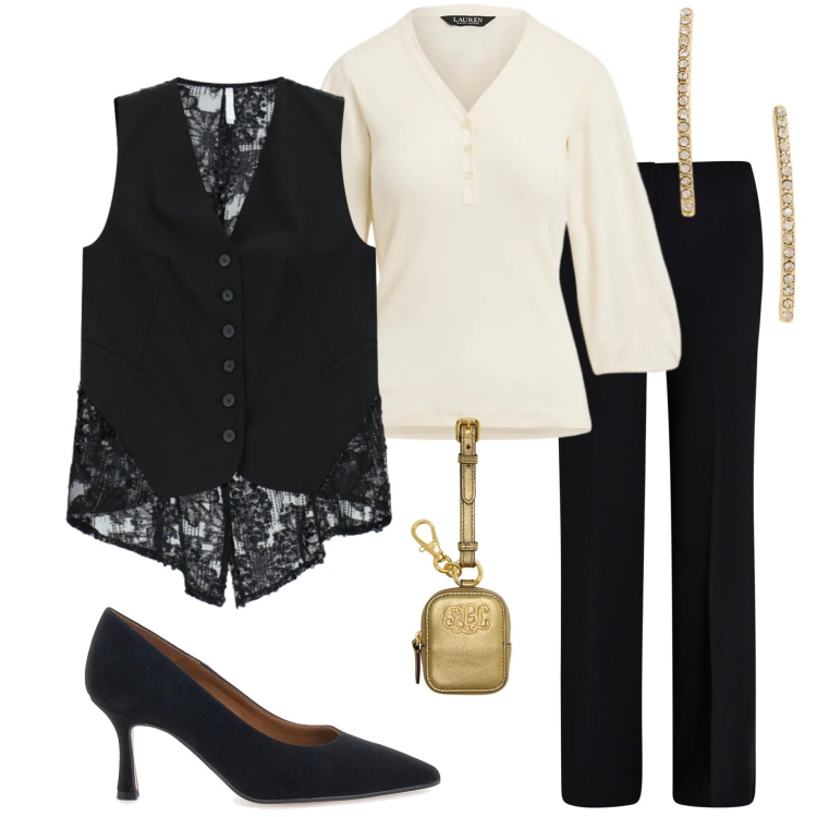 Outfit donna - Serata elegante. Stile Chic per Serata fuori. Abbinamento con gilet, pantaloni a palazzo, orecchini, maglieria, pochette, décolleté.