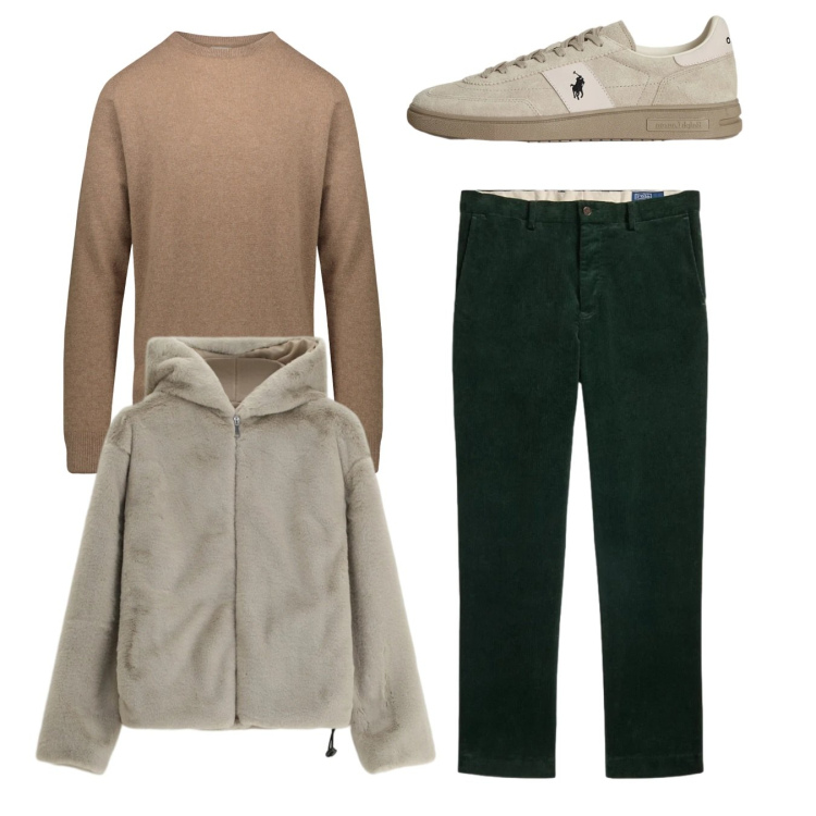 Outfit uomo - Total look in beige. Stile Trendy per Tutti i giorni. Abbinamento con bomber, sneakers, pantaloni, maglieria.