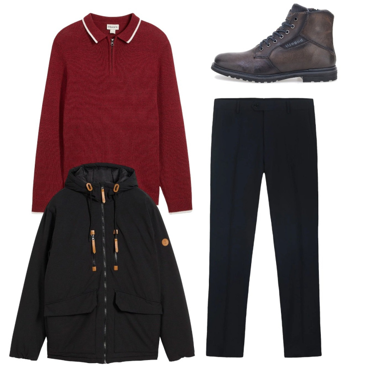 Outfit uomo - Total look. Stile Casual per Tutti i giorni. Abbinamento con maglieria, piumini, pantaloni, stivali e stivaletti.
