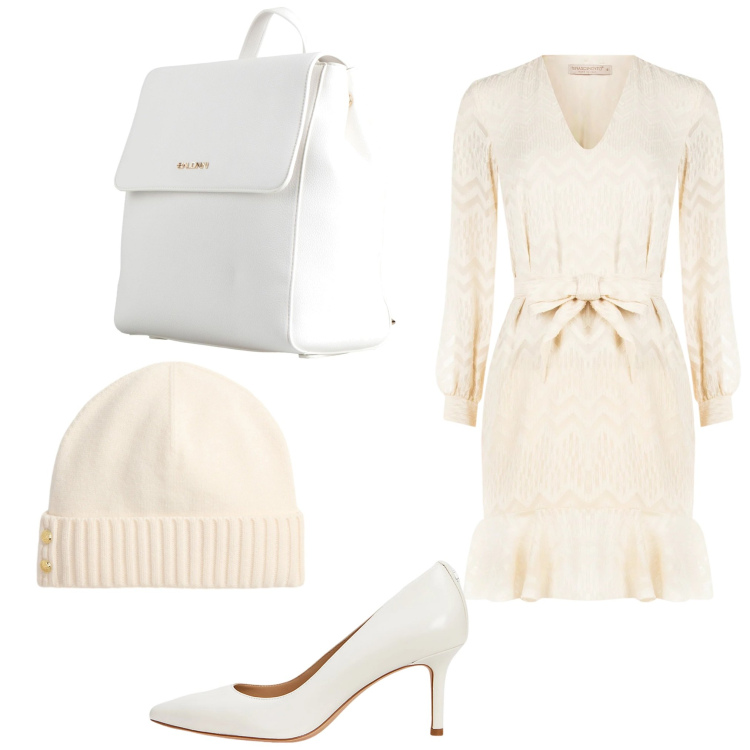 Outfit donna - Sfumature di bianco. Stile Casual per Tutti i giorni. Abbinamento con zaini, décolleté, berretti, vestiti corti.