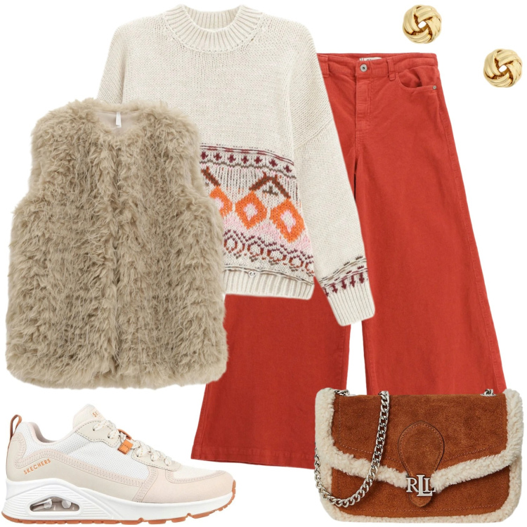 Outfit donna - Outfit minimal cozy. Stile Casual per Tutti i giorni. Abbinamento con pantaloni, maglieria, ecopellicce, orecchini, clutch, sneakers alte.