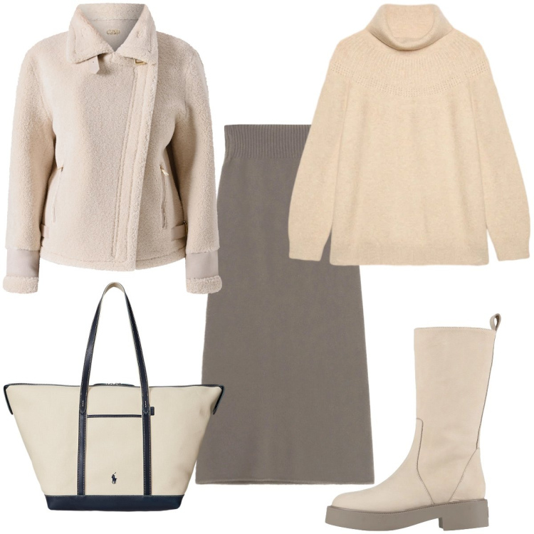 Outfit donna - Toni chiari e rilassati. Stile Casual per Tutti i giorni. Abbinamento con stivali, gonne lunghe, borse tote, ecopellicce, maglieria.