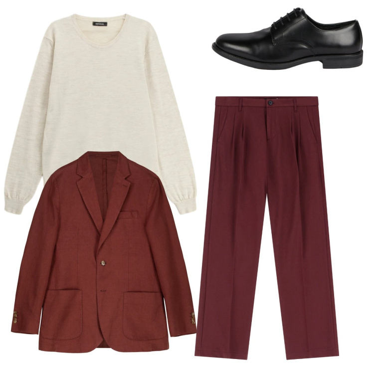 Outfit uomo - Total look ruggine. Stile Casual per Tutti i giorni. Abbinamento con pantaloni, maglieria, scarpe stringate, giacche.