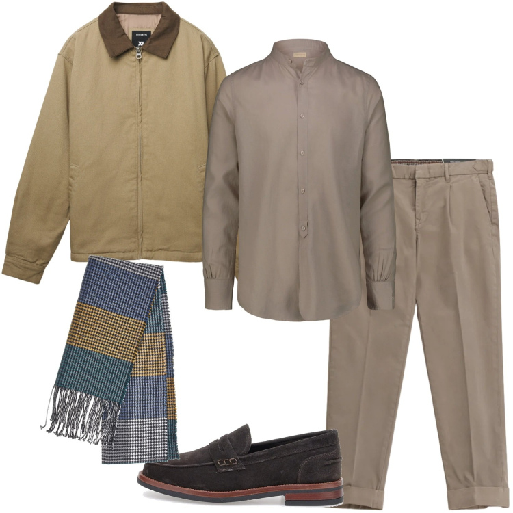 Outfit uomo - Total look #2321942. Stile Casual per Ufficio. Abbinamento con cappotti, pantaloni chino, sciarpe, camicie, scarpe stringate.