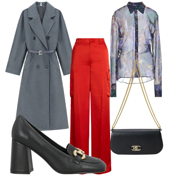 Outfit donna - Piccolo particolare rosso. Stile Chic per Serata fuori. look ideale per Tall. Abbinamento con mocassini, camicie, cappotti, pantaloni cargo, borse a spalla.
