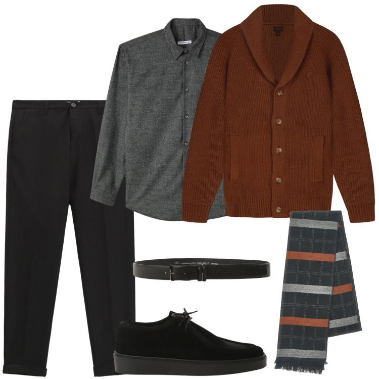 Outfit uomo - Cardigan in maglia regular fit. Stile Casual per Ufficio. Abbinamento con camicie, pantaloni, cinture, scarpe stringate, sciarpe, cardigans.