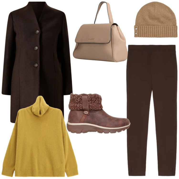 Outfit donna - Color combination. Stile Casual chic per Tutti i giorni. Abbinamento con zaini, maglieria, cappotti, berretti, stivaletti, leggings.