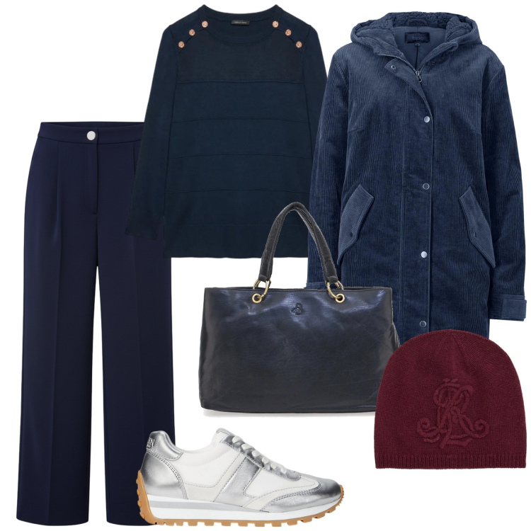 Outfit donna - Sneakers argento. per Tutti i giorni. Abbinamento con parka, sneakers, berretti, pantaloni a palazzo, maglieria, borse a mano.