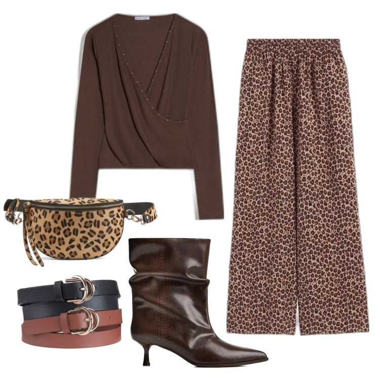 Outfit mujer - Trendy #375. Estilo Trendy para Oficina. Combinación con botines, camiseta, pantalones palazzo, riñoneras, anillos.