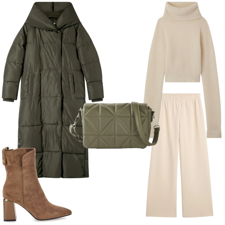 Outfit donna - Color combination. Stile Casual chic per Tutti i giorni. Abbinamento con borse a tracolla, pantaloni, cappotti, maglieria, stivaletti.