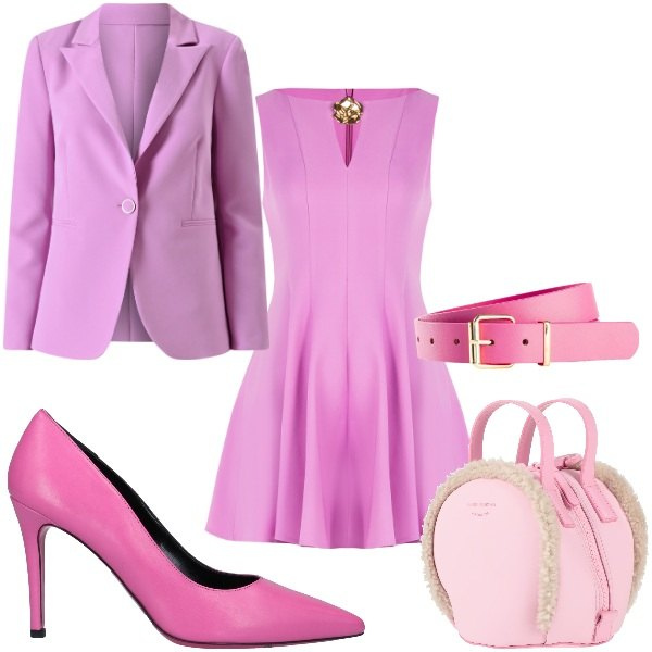 Outfit donna - gennaio in rosa. Stile Glamour per Serata fuori. Abbinamento con cinture, décolleté, zaini, vestiti corti, blazer.