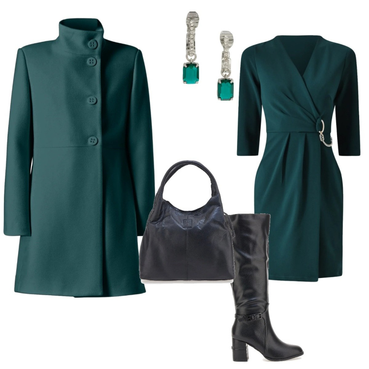Outfit donna - Eleganza e stile. Stile Bon Ton per Serata fuori. Abbinamento con orecchini, vestiti corti, cappotti, stivali, borse a mano.