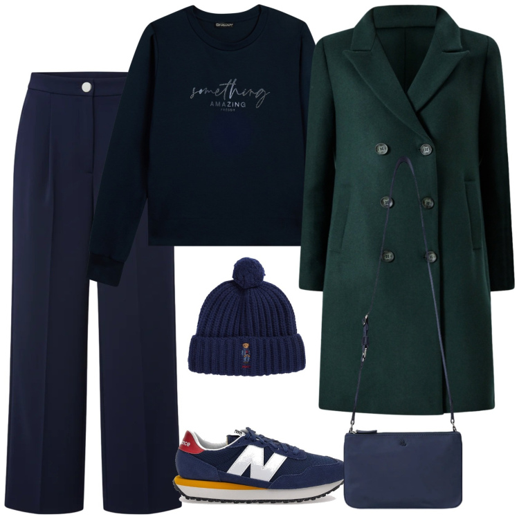Outfit donna - Blue monday. Stile Casual per Scuola/Università. Abbinamento con cappotti, pantaloni a palazzo, felpe, borse a tracolla, berretti, sneakers.