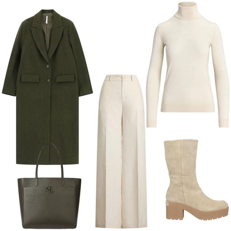 Outfit donna - Color combination. Stile Casual chic per Tutti i giorni. Abbinamento con stivaletti, cappotti, maglieria, pantaloni, borse tote.