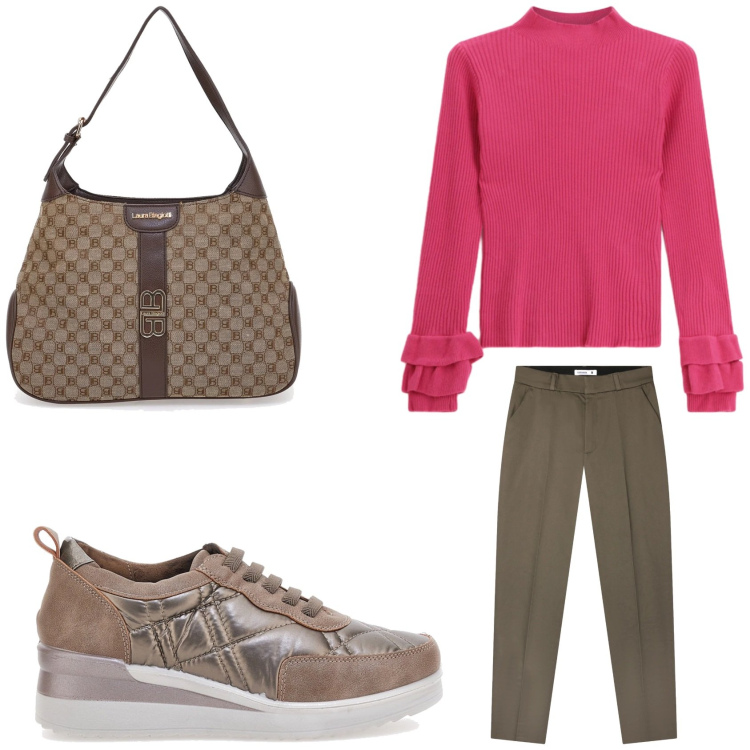 Outfit donna - Gennaio in semplicita\'. Stile Basic per Tutti i giorni. Abbinamento con pantaloni chino, maglieria, borse a spalla, sneakers.