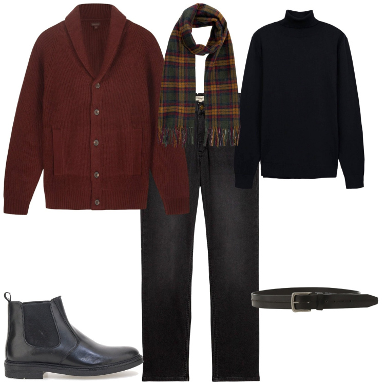 Outfit uomo - Trendy in ufficio. Stile Trendy per Ufficio. Abbinamento con jeans dritti, maglieria, cinture, sciarpe, stivali e stivaletti, cardigans.