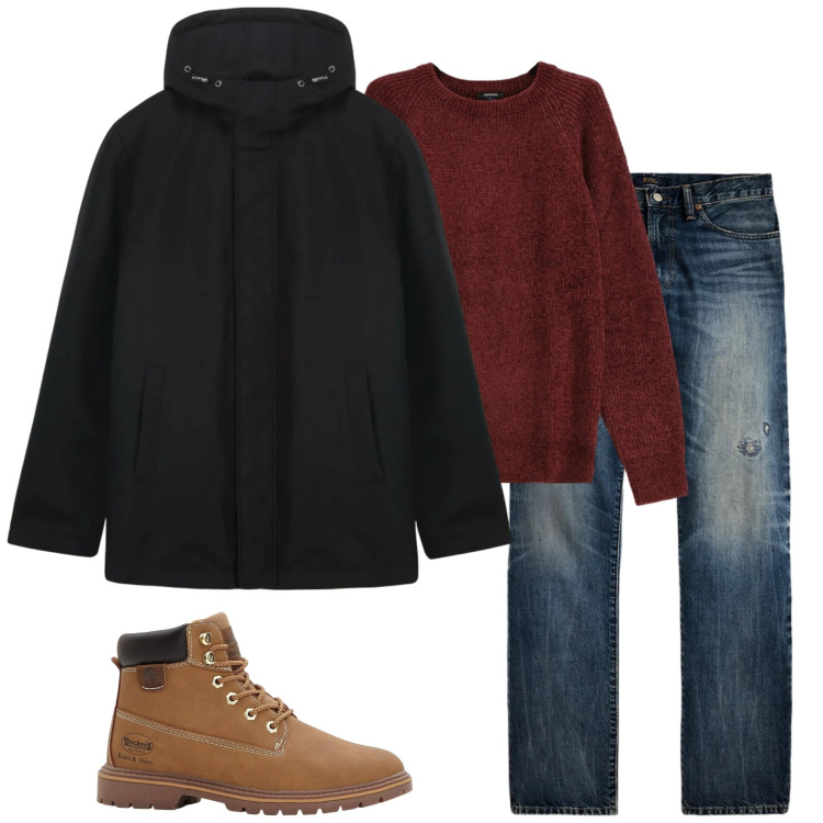 Outfit uomo - Total look #2321974. Stile Casual per Tutti i giorni. Abbinamento con stivali e stivaletti, maglieria, jeans dritti, giacche.