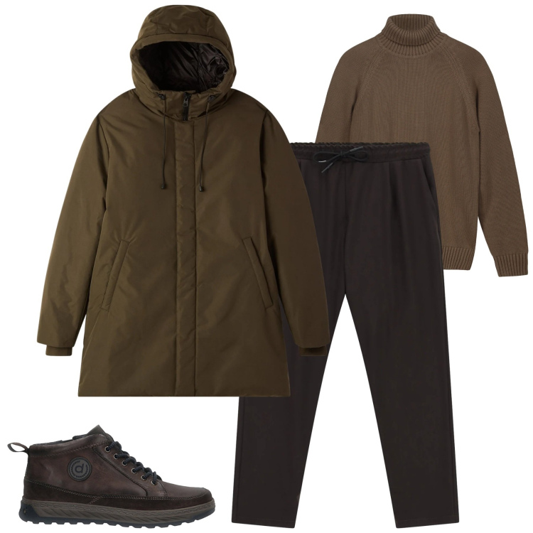 Outfit uomo - Gennaio. Stile Urban per Tutti i giorni. Abbinamento con parka, pantaloni, pullovers, sneakers.