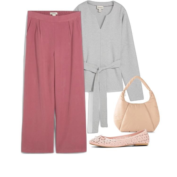 Outfit femme - Pantalon a Pinces rose. Style Bon Ton pour Tous les jours. Assortir avec pantalon , ballerines, sacs à main, t-shirts.