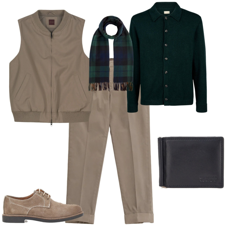 Outfit uomo - Trendy in ufficio week end. Stile Trendy per Ufficio. Abbinamento con pantaloni chino, portafogli, sciarpe, scarpe stringate, polo, piumini.