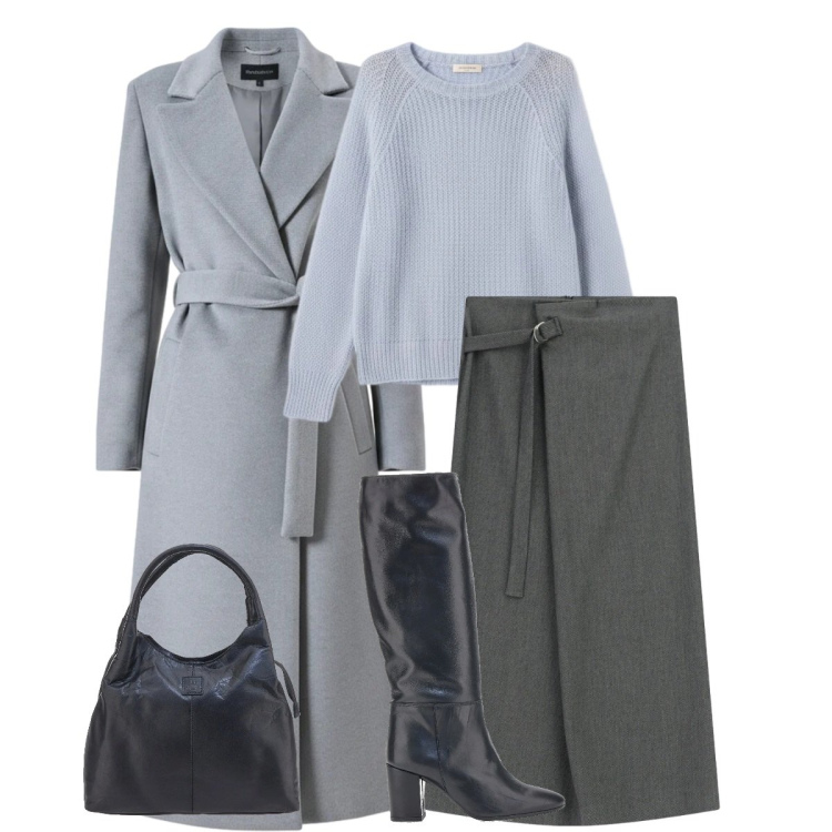 Outfit donna - Total look #2321980. Stile Minimal per Ufficio. Abbinamento con gonne lunghe, cappotti, maglieria, stivali, borse a mano.