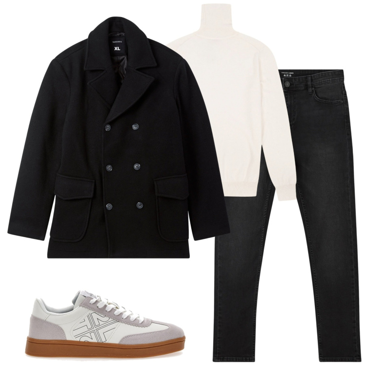 Outfit uomo - Gennaio. Stile Urban per Tutti i giorni. Abbinamento con jeans skinny, caban, sneakers, maglieria.